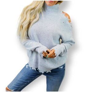 ZENANA LT. BLUE GRAY CUTOUT TURTLENECK DISTRESSED SWEATER NWT MULTIPLE SIZES. GO